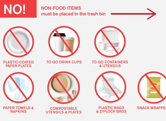 non-food items, like containers and wrappers must be put in the trash instead